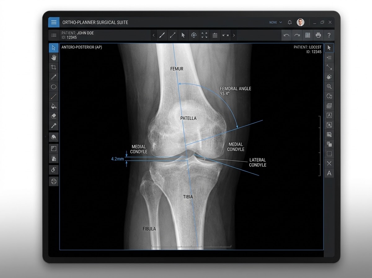 Anteroposterior knee radiograph in the surgical planner, annotated with femoral angle and condyle measurements